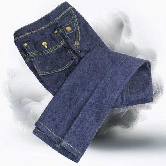 Ellery Monroe Blue Indigo Button Yellow Accent Overstitch Straight Jeans, Size 2 - Picture 2 of 9